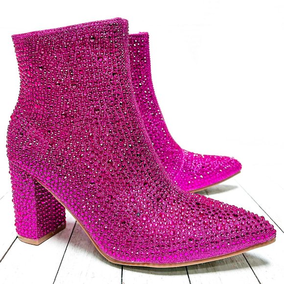 Restocked New Fuchsia Pink Rhinestone Pointed Toe Chunky Heel Ankle Boots Bootie - Picture 3 of 9